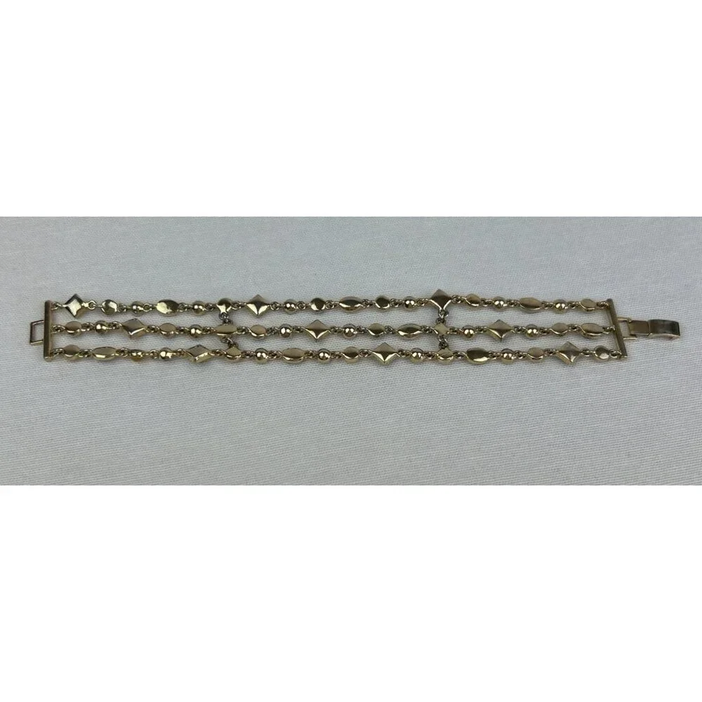 Gold Tone Triple Strand Bracelet Amber Honey Brown Color Gemstones - Picture 5 of 6